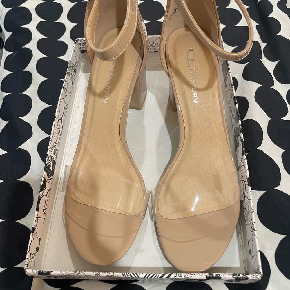 CL by Chinese Laundry Nude Block Heel Sandals, w/ ankle strap & clear toe strap